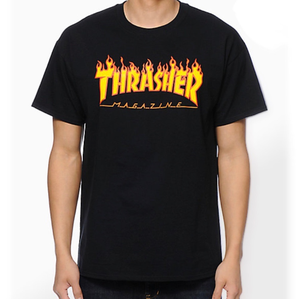 Trasher Short Sleeve Black Tee Orange Yellow Flame
